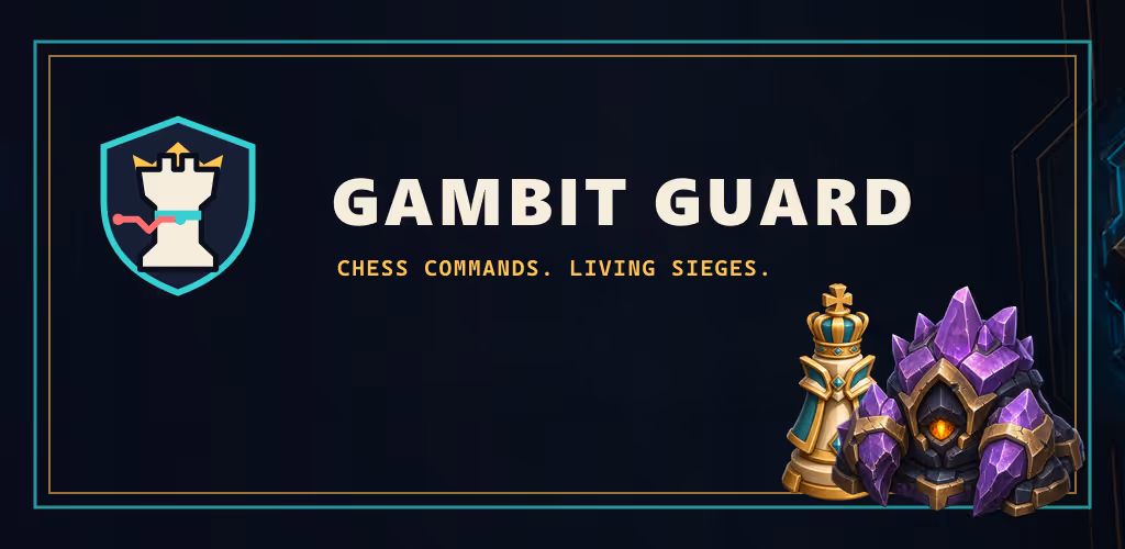 Gambit Guard crowned rook crest beside the King and Checkmate Golem with the tagline Chess Commands. Living Sieges.