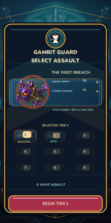 Gambit Guard tier selection screen with nine escalating assaults